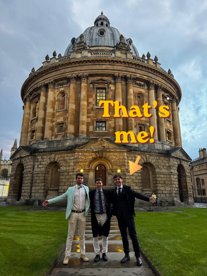 James (right) with friends in front of the Radcliffe Camera, Oxford